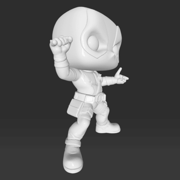 Figurină 3D Deadpool de pictat, stil Funko Pop, cu mască distinctivă și detalii emblematice. Realizată din material eco-friendly, ideală pentru colecționari și fanii Marvel.